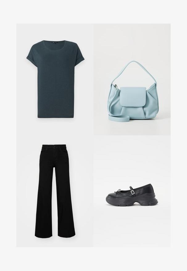 Dark gray short-sleeve t-shirt with a round neck, soft texture, and rolled sleeves, featuring a simple, unembellished design.; Black wide-leg pants made of denim, featuring a structured waistband, belt loops, and front pockets. Smooth texture with a classic design.; Black leather Mary Jane shoe with a rounded toe, bow detail, and an adjustable ankle strap. Features a chunky rubber sole with curved accents.; Light blue leather handbag with a top handle, front flap pocket, and detachable wrist strap on a white background.
