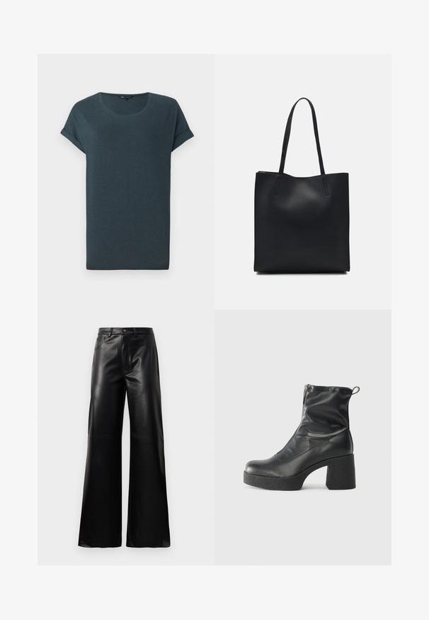 Mørkegrå kortærmet t-shirt med rund hals, blød tekstur og opsmøgede ærmer, med et simpelt, udekoreret design.; Sorte high-waisted bukser i bred ben i imiteret læder med forreste knap, lynlås, bæltestropper og sidelommer på hvid baggrund.; Sorte ankelstøvler lavet af glat læder, med en sidelukning, kraftig struktureret hæl og rundt tådesign.; Sort læder tote taske med glat tekstur, rektangulær form og to lange hanke. Ingen synlig hardware eller udsmykninger.