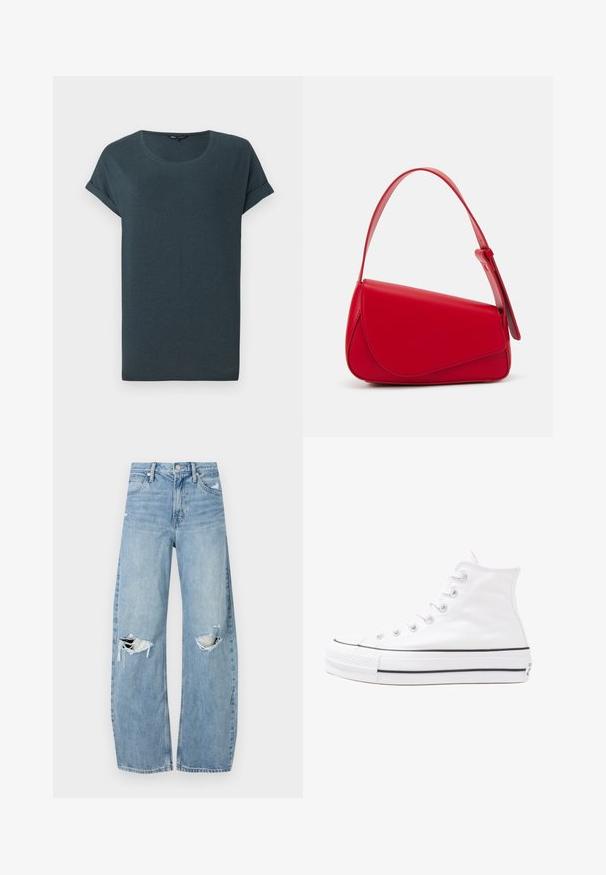 Tumehall lühikeste varrukate ja ümmarguse kaelusega T-särk, pehme tekstuuriga ja rullitud varrukatega, millel on lihtne ja ilma kaunistusteta disain.; Heledad hallideega sinised teksad, millel on kõrge talje. Teksade jalgadel on lai alus, kaks rebitud kohta põlvede ümber ning klassikaline viie tasku stiil.; Valge kõrgem kangast tenniseking, millel on must kummist tald, ees kummist varvasetugi ja kuus aukku paelte jaoks, pakkudes puhta ja minimalistliku disaini.; Punane nahast käekott, millel on nurkadega geomeetriline disain. Omab ühte reguleeritavat rihma ja klappidega sulgemist, millel on õmblustega kaunistused.