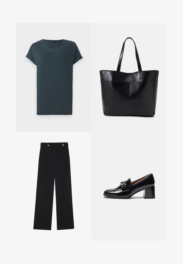 T-shirt curto de manga curta em cinza escuro com gola redonda, textura suave e mangas enroladas, apresentando um design simples e despretensioso.; Calças largas pretas com cintura alta, detalhes em botão na cintura e pregas frontais.; Mocassins pretos em verniz com salto, apresentando uma biqueira arredondada, um salto mais robusto e um detalhe em metal dourado na tira frontal.; Bolsa tote preta em couro com duas alças longas, textura suave e forma estruturada. Apresenta um bolso frontal para armazenamento adicional.