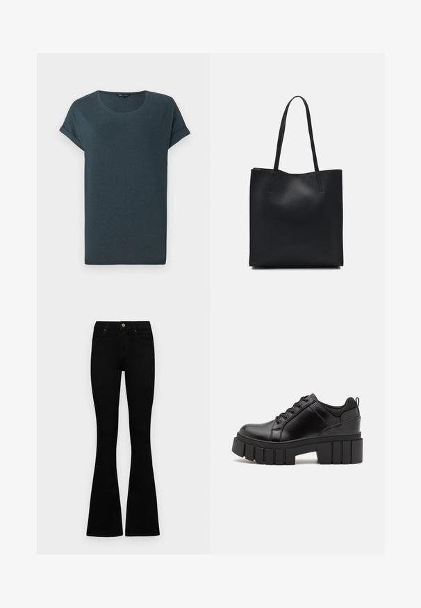 Mørkegrå kortærmet t-shirt med rund hals, blød tekstur og opsmøgede ærmer, med et simpelt, udekoreret design.; Sorte højtaljede jeans med knap- og lynlåslukning, forlommer og flagrende ben, lagt fladt på en hvid baggrund.; Sorte læder platform sko med en klodset blokhæl, rund tå og traditionelt snøredesign. Har en glat tekstur og minimal detaljering.; Sort læder tote taske med glat tekstur, rektangulær form og to lange hanke. Ingen synlig hardware eller udsmykninger.