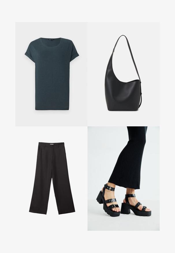 Mørkegrå kortærmet t-shirt med rund hals, blød tekstur og opsmøgede ærmer, med et simpelt, udekoreret design.; Sorte bukser med vidde, lavet af glat stof, med en frontlynlås og to sidelommer, i en skræddersyet pasform og minimalistisk design.; Sorte platfromsandaler med kraftige, skridsikre såler og flere stropper, der har metalspænder og en glat læderlignende tekstur.; Sort læder hobo taske med en glat overflade, buet form og en enkelt justerbar rem; har en bred åbning øverst.