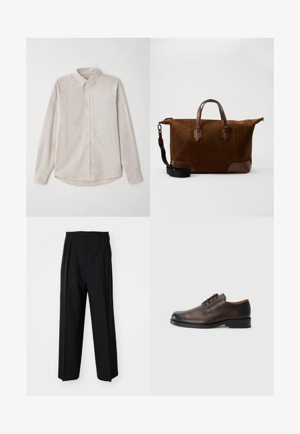 Camisa de manga larga beige clara hecha de una tela suave. Con un cuello abotonado y cierre central de botones, con un bajo curvado.; Pantalones negros plisados con un diseño recto y de pierna ancha. Fabricados en una tela suave, presentan un cierre de botón y trabillas para el cinturón.; Zapato de cuero marrón con punta redondeada, tacón bajo, diseño con cordones y textura suave. Presenta costuras mínimas y un acabado pulido.; Bolsa de viaje de ante marrón con acentos de cuero oscuro, doble asa superior, correa de hombro ajustable y cierre de cremallera resistente.