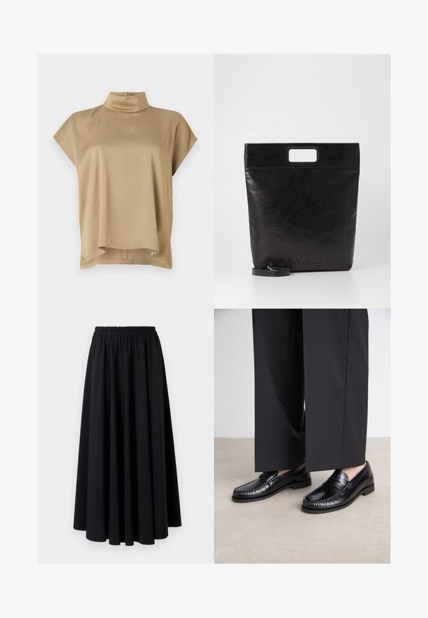 Beige topp med høy krage, korte ermer og en avslappet passform. Myk stoff, glatt tekstur og lengre bakhem.; Svart, gulvlengde skjørt laget av mykt stoff med bred, rynket elastisk midjebånd og jevn, flytende design. Ingen mønstre eller accenter.; Sorte skinnloafere med en glatt overflate, sydd detaljer rundt tåen, og en lav gummisåle. Kombinert med vide svarte bukser.; Svart lær tote veske med firkantet håndtak, med teksturert overflate og preget logo. Inkluderer en avtagbar stropp.