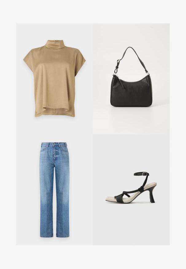 Beige topp med høy krage, korte ermer og en avslappet passform. Myk stoff, glatt tekstur og lengre bakhem.; Lyseblå denimjeans med rett ben-design, høy livhøyde, fem lommer og synlig søm. Teksturen er glatt og klassisk.; Sorte helårs sandaler med flettet stroppesdesign, firkantet tå og justerbar ankelrem. Lys beige fotseng med glanset svart hæl.; Svart lærveske med en buet form, en enkelt stropp, glidelåslukking og subtil merkevarebygging på forsiden. Glatt tekstur, minimalistisk design.