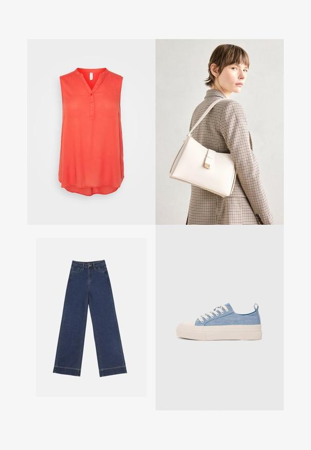 Coral sleeveless blouse with a v-neck, three button placket, and a curved hem. Made from lightweight, smooth fabric. No patterns or accents.; Wide-leg jeans in dark blue denim. Features five pockets, belt loops, and a raw hem at the bottom with visible stitching details.; Light blue canvas sneakers with a cream rubber toe cap and outsole, featuring white laces and a pull tab on the heel.; White leather handbag with a structured design, featuring a magnetic clasp and a shoulder strap, showcased against a neutral background.