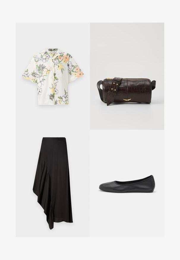Short-sleeve white shirt, featuring colorful floral embroidery in orange, yellow, and purple, with a small chest pocket and yellow trim.; AERON ASTER SKIRT - Pencil skirt - black; Black leather ballet flat with a rounded toe, smooth texture, minimal stitching detail, and a flexible sole design.; Brown crocodile-embossed leather bag with a cylindrical shape, gold-tone hardware, and a detachable strap featuring studs.