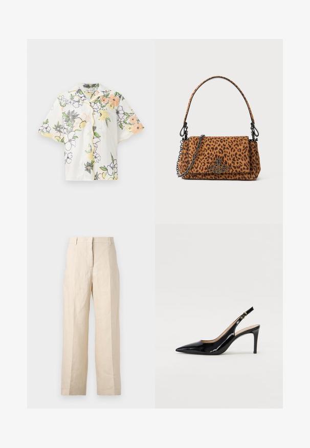 Rövid ujjú fehér ing, élénk narancssárga, sárga és lila virágmintával, kis melle pockettel és sárga díszítéssel.; Beige len vászonnadrág laza fazonnal, plisszírozott elülső résszel és egyenes lábakkal. Jellemzője a derékpánt övhurkokkal és látható zsebek nélkül.; Fekete lakk bőr kötött magassarkú cipő, hegyes orral és karcsú sarokkal, finom kivágásos dizájnnal. Az övön arany csatt található.; Leopárdmintás bőrönd velúr anyagból, rövid fogantyúval, lánc pánttal és fekete fémzárral. Téglalap alakú, hajtókás záródással.