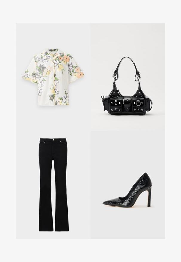 Short-sleeve white shirt, featuring colorful floral embroidery in orange, yellow, and purple, with a small chest pocket and yellow trim.; Black flared jeans made of denim, featuring two front pockets, a button closure, and a smooth texture. Signature stitching visible at seams.; Black pointed-toe high heel shoe with a crocodile-skin texture, featuring a sleek design, high stiletto heel, and smooth black interior.; Black leather handbag with a curved design, featuring silver studs, a buckle, and two side pockets. Adjustable strap for carrying options.