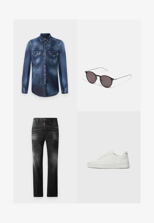 Tumši zils denim krekls ar garām piedurknēm, norādītu apkakli, divām krūšu kabatām un pogu aizdari. Novecojusi detaļas un izbalējusi tekstūra.; Melni džinsi no denima ar taisnu piegriezumu. Iespējas ietver izbalējušas vietas, nelielas nodiluma pazīmes, klasisko piecu kabatu dizainu un pogu aizdari.; Baltas ādas sneakers ar gludu virsmu, apaļu pirkstu daļu, plakaniem šņorēm un teksturētu zoli. Satur diskrētu logotipu uz papēža.; Melni apaļi saulesbrilles ar tumšiem lēca un plānām metāla stangām. Iekļautas caurspīdīgas tempļu galviņas un sudraba akcenti pie eņģes. Minimalistisks dizains.