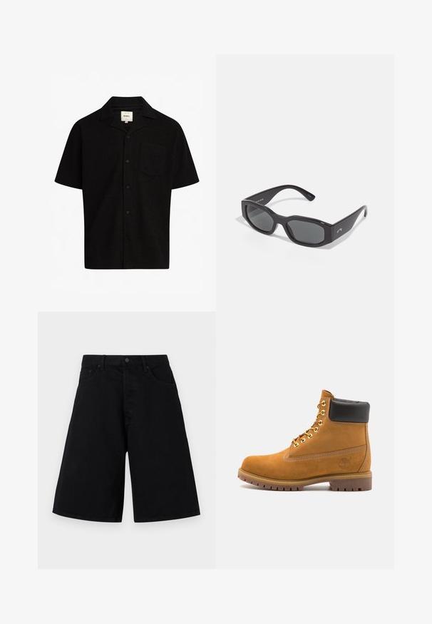 Čierna krátkypoloverová košela vyrobená z textúrovanej látky, s golierom, prednými gombíkmi a jednou náprsníkou.; Čierne riflové šortky s voľným strihom, ktoré majú klasický dizajn s piatimi vreckami a zapínaním na gombík, hladkú štruktúru a rovný strih nohy.; Tyrkysové semišové členkové topánky s čiernym polstrovaným golierom, zlatými kovovými očkami, bielym prešívaním a robustnou gumovou podrážkou s výraznými drážkami.; Čierne obdĺžnikové slnečné okuliare s tmavými sklami. Hrubý plastový rám s hladkým povrchom, s diskrétnym logom na boku.