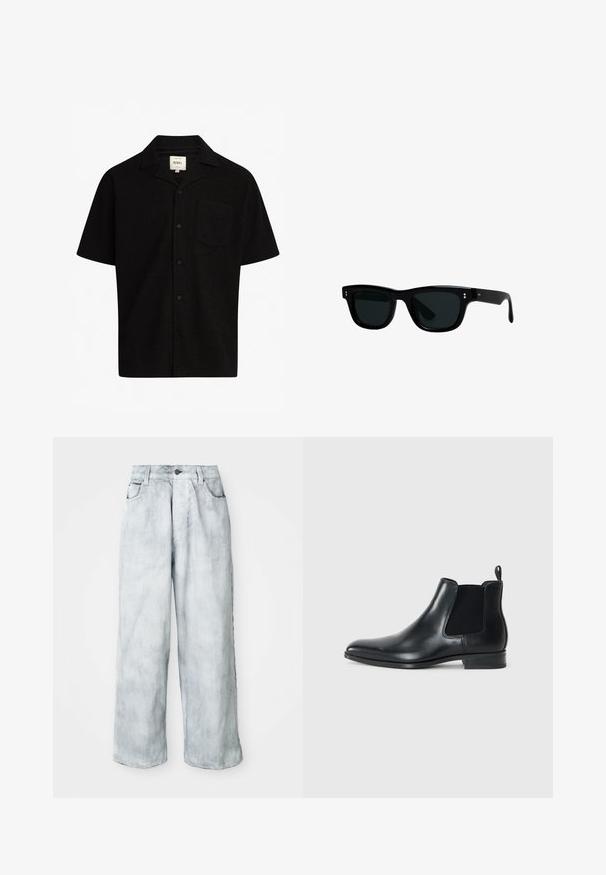 Melna īsām piedurknēm krekls, izgatavots no teksturēta auduma, ar apkakli, priekšējiem pogām un vienu krūšu kabatu.; Gaišā mazgāta plaša kāju džinsu bikses ar augstu jostasvietu, priekšējo pogu un rāvējslēdzēja aizdari, jostas cilpām un priekšējām un aizmugurējām kabatām.; Melnas ādas Čelsijas zābaki ar elastīgām sānu paneļiem, noapaļota purngala forma, neliels cilpiņš aizmugurē un zems kaudzītes papēdis. Gluda tekstūra.; Melni saulesbrilles ar kvadrātveida apmalēm, tumšiem stikliem un gludu plastmasas materiālu. Darbības elementus veido mazas, apaļas akcenti priekšpusē un šauras kājas.; Sudraba nerūsējošā tērauda pulkstenis ar apaļu baltu ciparnīcu, melnu tachymeter rāmīti, zaļiem akcentiem un metāla saiti.