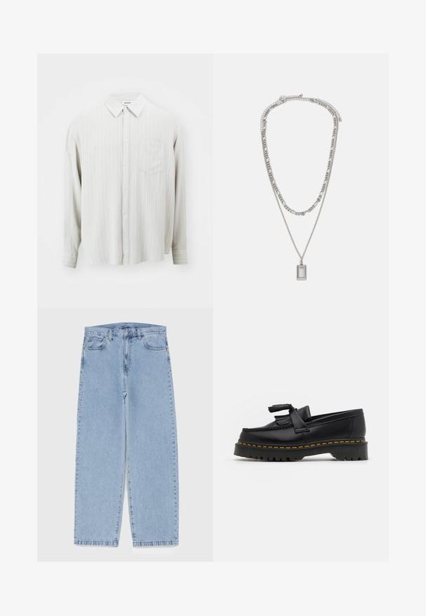 Weekday OVERSIZED BLEND - Button down-skjorte - striped ecru; Svart langermet T-skjorte laget av bomull, med rund hals og rett snitt, med en liten logo detalj på ermene.; Lyseblå denimjeans med rett ben-design, med mid-rise liv, fem lommer og knap og lynlås lukning.; Svart skinn loafers med en kvastdetalj, med en tjock svart sula och gul sömnad längs kanten. Texturerad yta.; Sølvkjede med to lagdelte kjeder; har et rektangulært anheng med en jevn overflate, som viser en polert metallfinish.