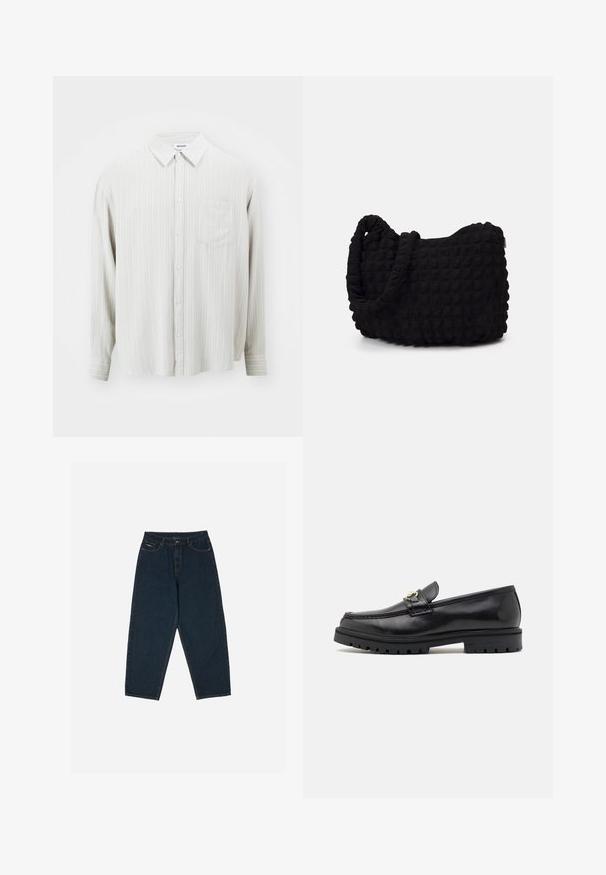 Weekday OVERSIZED BLEND - Marškiniai - striped ecru; Tamsiai mėlynos aukšto liemens džinsai su laisvu siluetu, turintys penkias kišenes ir sagčių užsegimą. Pagaminti iš džinsinio audinio, turinčio lygų paviršių.; Juodi odiniai loaferiai su lygia apdaila, apvaliu toe, dekoratyvine juosta su auksiniu furnitūru ir tvirtu juodu padu.; Juodas audinio maišelis su tekstūruota, siuvinėta raštu. Apvalios formos, trumpi, stori rankenėlės ir minkšta, lanksti struktūra.