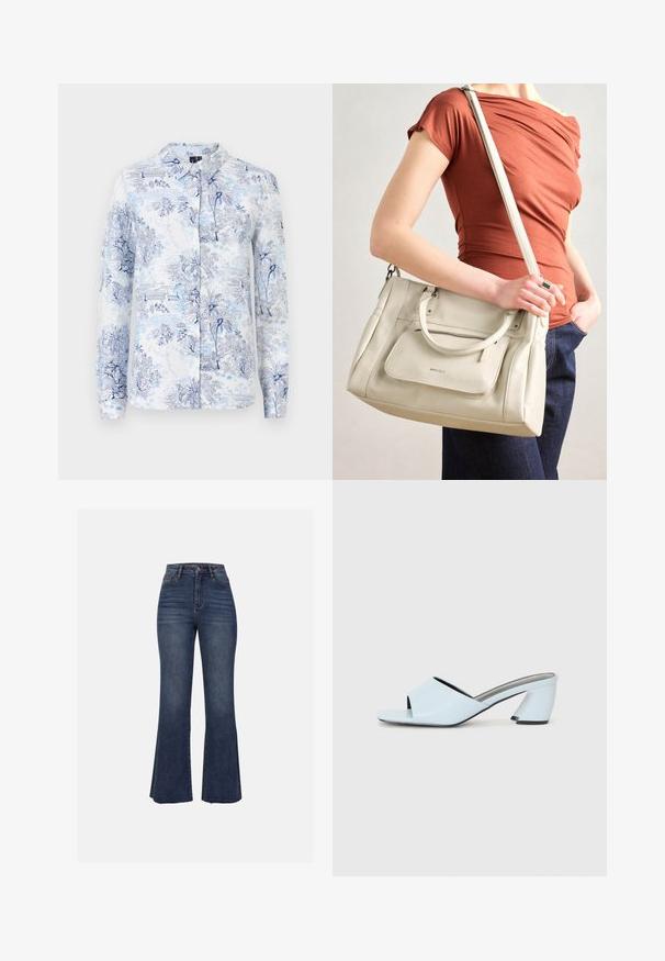 Camisa de manga longa feita de tecido com um padrão floral e paisagístico azul e branco, com colarinho e frente com botões.; Anna Field Calças de ganga à boca de sino - blue wash; Mules de salto aberto de cor azul clara com um design geométrico, apresentando uma faixa larga sobre o pé e um salto chunky e angular.; Bolsa de couro branca com alças duplas e uma alça destacável, apresentando um bolso frontal com fecho e textura suave. A bolsa está a ser carregada no braço de uma pessoa.