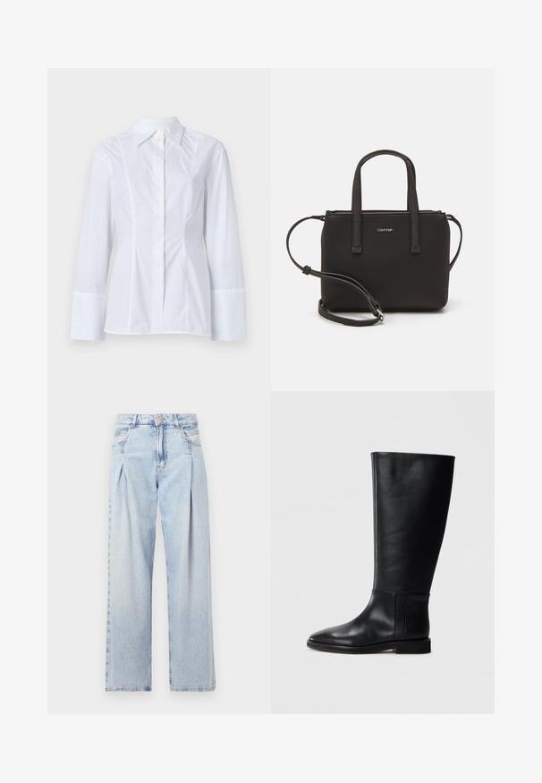 Biała koszula z długim rękawem z bawełny, z wyraźnym kołnierzykiem, zapięciem na guziki z przodu i subtelnymi pionowymi szwami na przedzie.; Jasnoniebieskie dżinsy z wysokim stanem, szerokimi nogawkami, dwoma bocznymi kieszeniami oraz plisowanym wzorem. Miękka tekstura z wyblakłym wykończeniem.; Czarne skórzane kozaki za kolano z zaokrąglonym noskiem, gładką teksturą, minimalistycznym designem i płaską podeszwą. Proste detale szwów na cholewie.; Czarna torebka z dwoma krótkimi uchwytami i odpinanym paskiem na ramię. Gładki materiał przypominający skórę, z zamkiem błyskawicznym i detalem z logo.