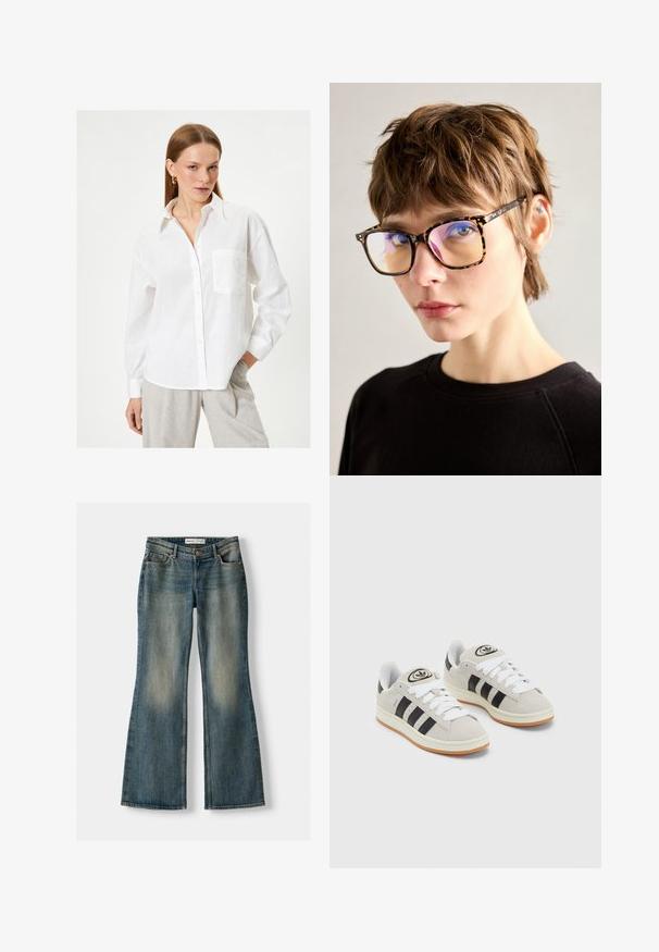 Camicia di lino bianca con apertura frontale a bottoni, maniche lunghe e tasca sul petto. Presenta un colletto classico e una vestibilità rilassata.; Jeans flare blu con lavaggio sbiadito, cinque tasche e chiusura con bottone. Il materiale presenta una trama in denim con dettagli di cucitura sottili.; Sneakers in suede grigio con lacci bianchi, strisce nere e suola in gomma bianca. Presentano un logo circolare sulla linguetta e una suola in gomma.; Occhiali tartarugati con grandi montature rettangolari, dotati di lenti riflettenti e aste sottili, indossati su uno sfondo neutro.