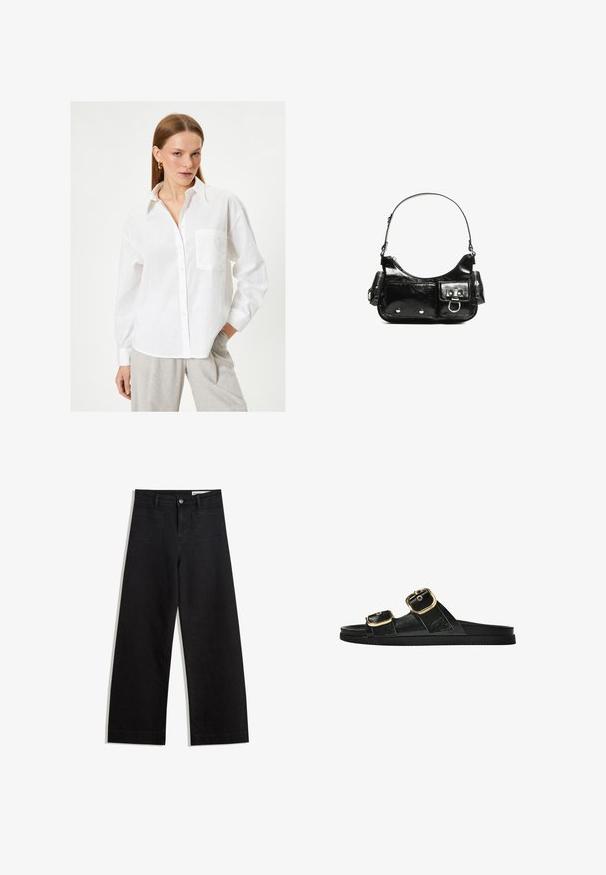 Weißes Leinenhemd mit durchgehender Knopfleiste, langen Ärmeln und einer Brusttasche. Verfügt über einen klassischen Kragen und einen lässigen Schnitt.; Schwarze weit geschnittene Jeans mit hoher Taille, ausgestattet mit Vorder- und Hintertaschen, gesteppten Nähten und einem Knopfverschluss. Glatte Textur.; Schwarze Riemensandale mit zwei goldenen Schnallendetails, glattem Material, flachem Sohlen und minimalistischer Gestaltung.; Schwarze Lackleder-Handtasche mit geschwungenem Design, einem Schulterriemen, Vordertaschen und silberfarbenen Hardware-Akzenten.