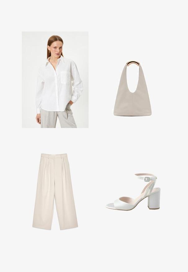 Witte linnen shirt met een knoopsluiting aan de voorkant, lange mouwen en een borstzak. Heeft een klassieke kraag en een ontspannen pasvorm.; Beige wijde pantalon met plooien, met een gladde textuur en riemlussen. Tailored pasvorm, biedt een losse fit rond de benen.; Witte hoge hak sandalen met een glanzende satijnen bovenkant, brede blokhak en enkelbandje met een kleine gesp. Glad van textuur, minimalistisch ontwerp.; Lichtgrijze leren tas met een U-vormig ontwerp en een gebogen metalen handvat. Glad oppervlak met minimale stiksels en geen zichtbare patronen.