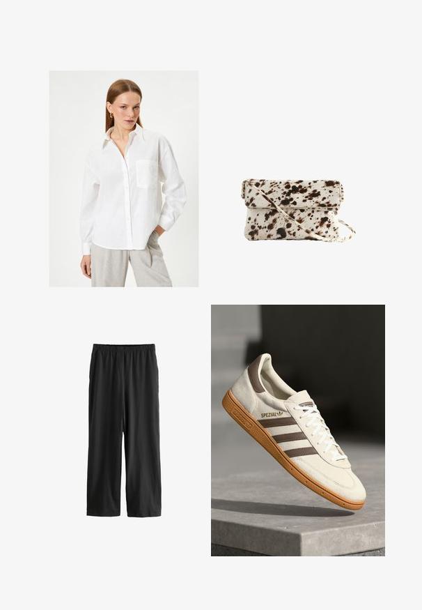 Camisa de lino blanca con botonadura frontal, mangas largas y un bolsillo en el pecho. Presenta un cuello clásico y un corte relajado.; Pantalones negros de largo hasta la rodilla, hechos de un tejido ligero. Cintura elástica y textura suave con un diseño de pierna recta. Sin detalles ni patrones visibles.; Zapatilla de gamuza blanca con detalles en cuero marrón, tres rayas marrones y cordones blancos. Cuenta con una suela de goma texturizada y el logo dorado "SPEZIAL".; Bolso de piel de vaca con una base crema y manchas marrón oscuro, forma rectangular, solapa plegable y una correa de hombro desmontable.