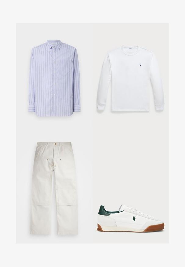 Camisa de manga longa, abotoada, em azul claro com riscas verticais brancas e amarelas, apresentando um bolso no peito e um design de colarinho clássico.; Camisola de manga longa branca feita de algodão, com decote redondo e um pequeno logótipo azul-marinho no lado esquerdo do peito. Textura suave, design simples.; Calças de algodão brancas com um corte relaxado, apresentando bolsos frontais, detalhes em hardware dourado e remendos nos joelhos.; Sapatilha branca com detalhes em pele verde e sola em borracha bege. Apresenta um corpo em tecido e um logótipo proeminente na lateral. Design com atacadores.