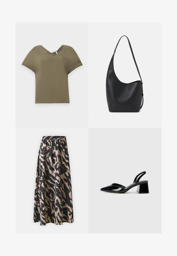 Olivno zelena majica s kratkimi rokavi in V-izrezom. Narejena iz mehkega materiala, z ohlapnim krojem in rahlo ukrivljenim robom.; Črna in bež dolga krila z elastičnim pasom, ki ima abstraktni živalski vzorec in tekočo silhueto.; Črne lakirane slingback pete s koničastim nosom in geometrijsko blokasto peto. Imajo eleganten, minimalističen dizajn in gladko teksturo.; Črna usnjena hobo torba z gladko teksturo, ukrivljeno obliko in eno nastavljivo naramnico; ima širok odprtina na vrhu.