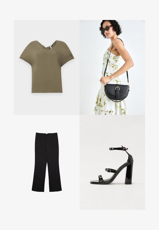 Olivovo zelený krátky rukáv s výstrihom do V. Vyrobené z mäkkej látky, s voľným strihom a mierne zakriveným lemom.; Čierne nohavice so strihom rovného strihu, s prednými vreckami a bočnými rozparkami na leme. Vyrobené z mäkkej, hladkej tkaniny. Vhodné na rôzne príležitosti.; Čierne lakované sandále na podpätku so štvorcovou špičkou, navlečenými remienkami okolo členku a striebornými prackami. Disponujú masívnym blokovým podpätkom pre stabilitu.; Čierna kožená kabelka s zaobleným tvarom, odnímateľným popruhom a zlatými doplnkami. Kabelka má klopu s detailom s prackou.
