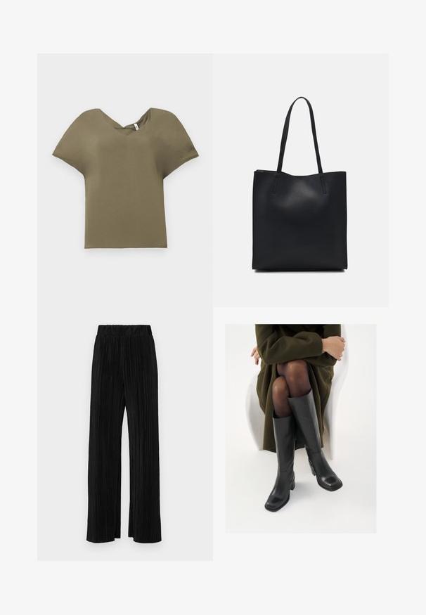 Top verde oliva de mangas curtas com decote em V. Feito de tecido macio, apresenta um corte solto e uma bainha ligeiramente curvada.; Calças pregueadas pretas com uma cintura elástica. Apresentam pernas largas e um tecido liso, texturizado com riscas verticais.; Botas de couro pretas até ao joelho com biqueira quadrada e salto em bloco, apresentadas com um modelo sentado num casaco verde-azeitona. Textura lisa, com detalhes mínimos.; Bolsa tote preta em couro com textura lisa, forma retangular e duas alças longas. Sem hardware ou enfeites visíveis.