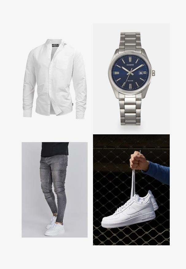 White long-sleeve button-up shirt in cotton, featuring a chest pocket, classic collar, and standard fit with a curved hem.; Skinny jeans in faded gray denim, featuring distressed details at the knees, paired with white sneakers. Smooth texture, slim fit design.; White leather sneakers with perforations, round toe, flat sole, and thick laces, featuring a visible swoosh logo and "AIR" on the heel.; Silver stainless steel wristwatch with a navy blue dial, metallic hour markers, and a date window at 3 o'clock. Water-resistant to 50 meters.