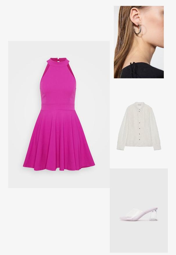 Valkoinen napillinen paita, jossa on teksturoitu kangas, timanttimainen kuvio ja terävä kaulus. Sisältää hopeanväriset napit ja pitkät hihat, joissa on resorit.; Vaaleanpunainen mekko, jossa on korkea kaula-aukko, hihaton muotoilu ja levenevä helma. Valmistettu sileästä materiaalista ilman näkyviä kuvioita tai varusteita.; Violetit korkokengät, joissa on läpinäkyvä muovipäällinen ja läpinäkyvä palikkakorko. Suurella sileydellä, avonainen varvasmuotoilu, minimalistinen muoto.; Käsiveski, mis on kaunistatud elavate värvidega: roosa, oranž, sinine ja pruun. Tekstuuriga pind ümmarguste helmed ja orgaanilised kujundid, vastupidavad käepidemed.; Hopea renkaankorvakoru kiiltävällä pinnalla, jossa on pieniä kultaisia yksityiskohtia ja pyöreä muoto, käytetty korvalla.