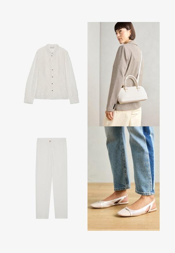Camicetta bianca con tessuto testurizzato, motivo a rombi e colletto a punta. Presenta bottoni argentati e maniche lunghe con polsini.; Pantaloni bianchi su misura con design a gamba dritta, dotati di chiusura a bottone, passanti per cintura e tasche laterali; tessuto morbido.; Ballerine slingback rosa pallido con punta affusolata, realizzate in un materiale simile alla pelle liscio. Presentano dettagli a taglio sui lati e un tacco piatto.; Borsa a mano bianca strutturata con manici corti e tracolla, dotata di dettagli in metallo dorato e materiale testurizzato, esposta su uno sfondo grigio.