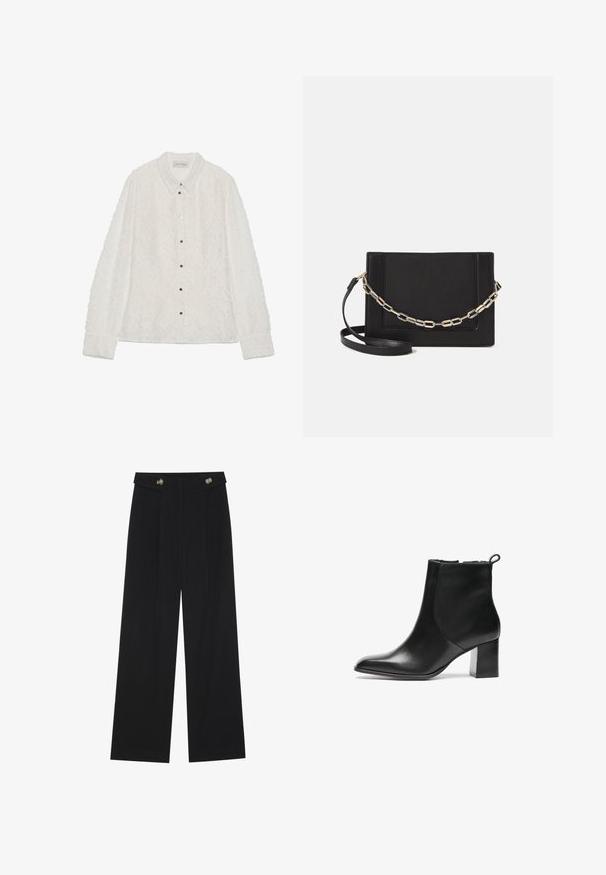 Fehér, gombos ing texturált anyagból, gyémánt mintával és hegyes gallérral. Ezüst gombokkal és hosszú ujjakra szerelt mandzsettákkal rendelkezik.; Fekete, bő szárú nadrág magas derékkal, gombos részletekkel a derékrészen és elülső pliszékkal.; Fekete bőr bokacsizma kerek orral, közepes magasságú blokk sarkával és hátsó húzófüllel. Sima felület, minimalista kialakítás.; Fekete bőr keresztpántos táska, sima textúrával, téglalap alakú és fém lánc részlettel az elején. Állítható pánttal ellátva.