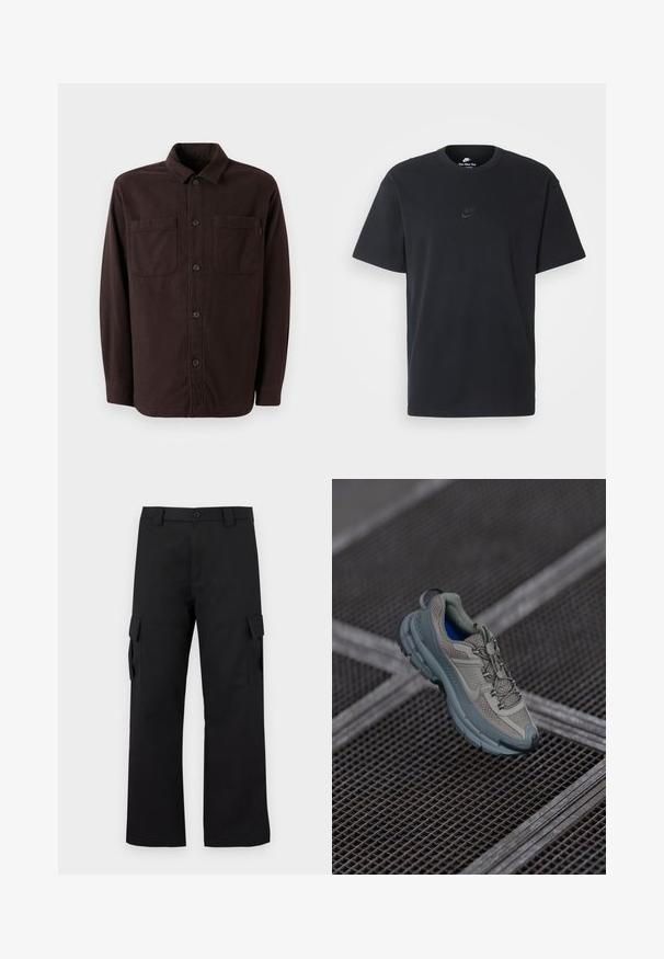 Tumepruun särk-jakk, mis on valmistatud pehmest kangast, sisaldab kahte eesmist taskut, nupuvärvi ja klassikalist kraediaini.; Nike musta mustast puuvillast T-särk klassikalise ümmarguse kaelusega, lühikeste varrukatega ja õrna, reljeefse logoga rinnal. Sile tekstuur.; Mustad mustad püksid sirge lõikega disainiga. Valmistatud vastupidavast kangast, millel on kaks külgtaskut klappidega ja nupuvajutusega esiosa.; Beige ja hall sportlik king, millel on tekstuuriga võrkpealne, ümar nina ja kummist tald, varustatud paelte ja pehmendatud kraega.