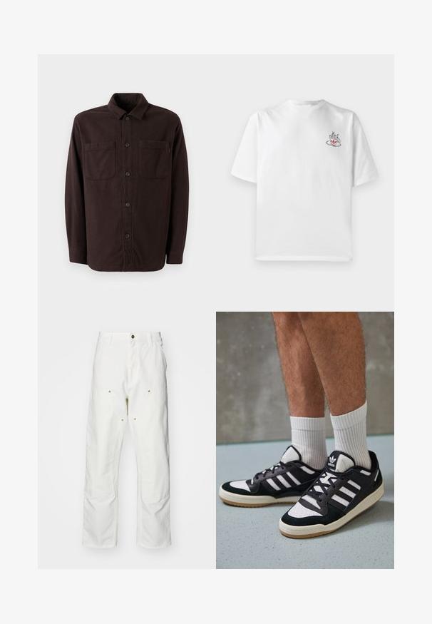 Veste en coton marron foncé fabriquée en tissu doux, avec deux poches avant, une fermeture à boutons et un col classique.; T-shirt en coton blanc à manches courtes, avec un petit graphique de tasse à café rose et noir sur le côté gauche de la poitrine.; Pantalons cargo en coton blanc avec une coupe décontractée. Les caractéristiques incluent des poches avant, des accents en métal doré et des sections de genoux renforcées.; Baskets noir et blanc avec une tige en suède et cuir, comportant trois rayures blanches, un bout perforé et une semelle en caoutchouc gum.