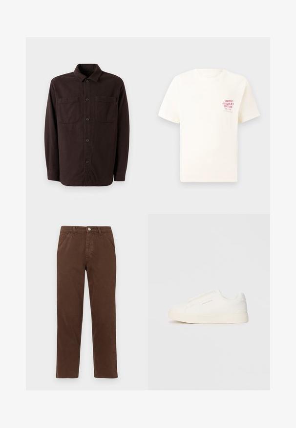 Dark brown shirt jacket made from soft fabric, featuring two front pockets, a button closure, and a classic collar design.; White short-sleeve T-shirt with red text "Studio Originals Edition" on left chest, displayed on a neutral gray background.; Brown cotton trousers with a straight leg, front pockets, and a metallic button closure. Features a smooth texture and minimal design.; White slip-on sneakers with a textured surface, a thick sole, and minimalistic design. Features brand logo on the side.
