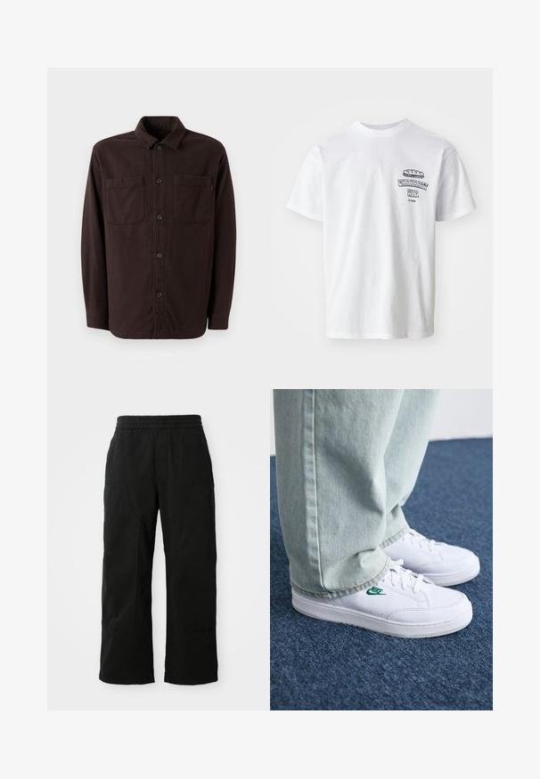 Tamsiai rudas marškinėlių švarkas, pagamintas iš minkštos medžiagos, turi dvi priekines kišenes, mygtukų užsegimą ir klasiką apykaklės dizainą.; Balta medvilninė marškinėliai trumpomis rankovėmis, apvaliu iškirpimu ir grafiniu spaudiniu, kuriame užrašas "Carhartt WIP" ir maisto iliustracija ant krūtinės.; Juodi medvilniniai kelnių su elastinga juosta, plačiomis kojomis ir didelėmis šoninėmis kišenėmis. Audinys atrodo minkštas ir glotnus.; Balti odiniai sportbačiai su žaliu Nike logotipu, apvalia nosimi, plokščiu padu, derinami su šviesiai mėlynomis džinsinėmis kelnėmis, rodomi ant mėlynos kiliminės dangos.