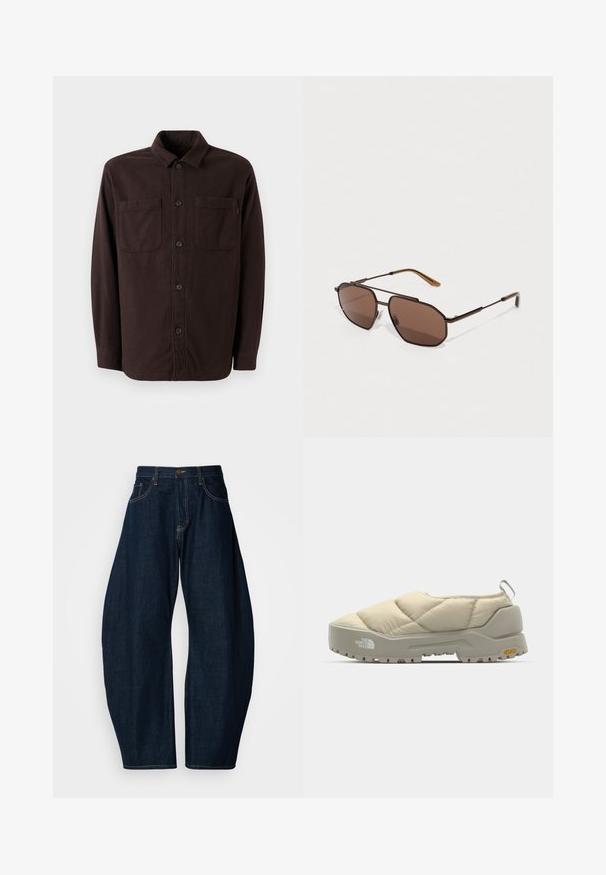 Mørkebrun skjortejakke laget av myk stoff, med to frontlommer, knappelukking og klassisk kragedesign.; Mørkeblå denimjeans med bred bendesign, som har markante søm, fem lommer og en messingknaplukking i midjen.; Quilted beige slip-on sko med grå Vibram såle, avrundet form og bakre løkke. Har logo på siden og strukturert overflaten.; Brune oktogonale solbriller med en tynn svart metallramme, akzentuert med brune stenger. Mørke linser gir UV-beskyttelse.