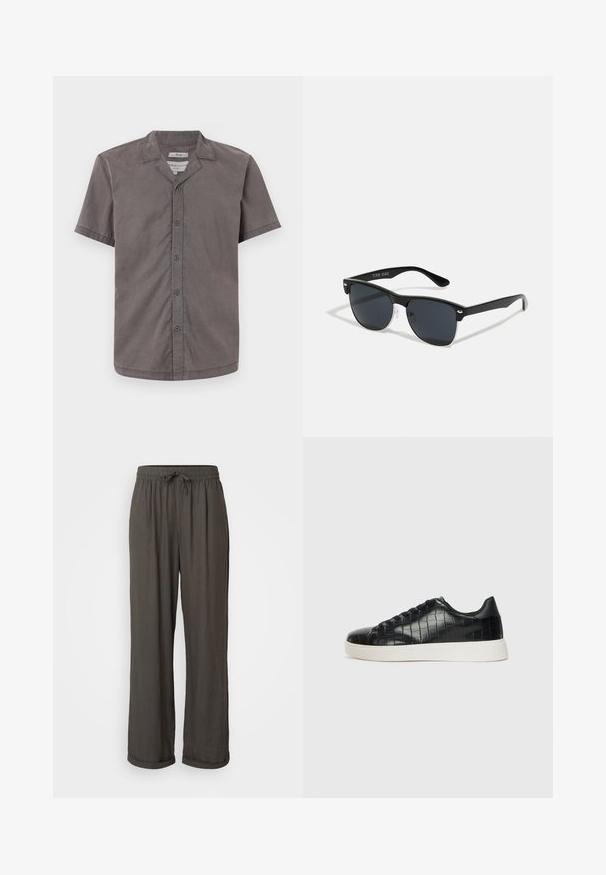 Koszula z krótkim rękawem, zapinana na guziki, w ciemnoszarym kolorze, wykonana z miękkiej tkaniny. Posiada kołnierz typu camp oraz pięć guzików z przodu. Gładka tekstura i luźny krój.; Ciemnoszare spodnie typu wide-leg z elastycznym pasem, wykonane z miękkiego, teksturowanego materiału, z podwiniętymi mankietami przy kostkach.; Czarne sneakersy z teksturowaną cholewką ze skóry z tłoczeniem w kształcie krokodyla, okrągłym noskiem oraz kontrastującą białą gumową podeszwą o gładkim wykończeniu.; Czarne okulary przeciwsłoneczne o prostokątnym kształcie, ciemnych soczewkach, srebrnych akcentach na zausznikach oraz matowym wykończeniu oprawki.