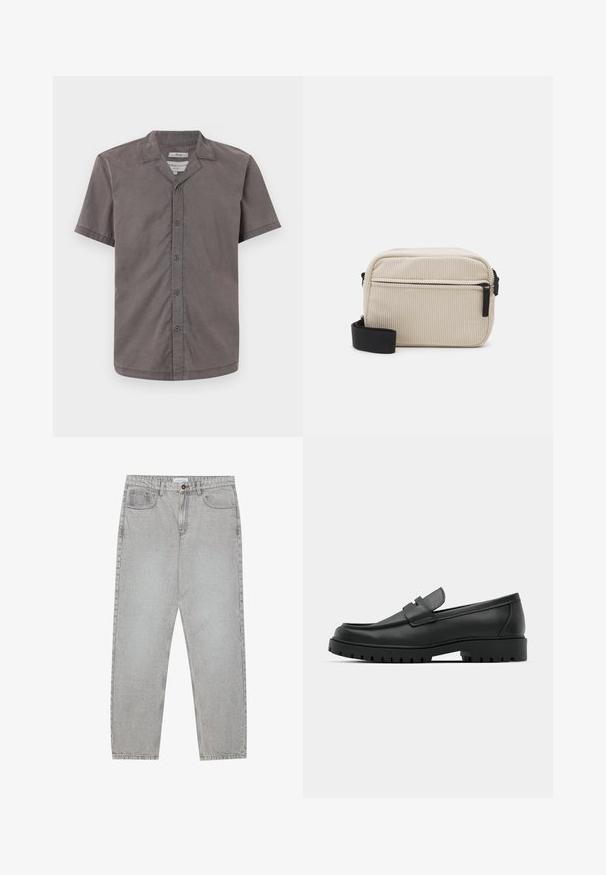 Camisa de botones de manga corta en gris oscuro, hecha de una tela suave. Presenta un cuello de campamento y cinco botones frontales. Textura suave y corte relajado.; Pantalones de mezclilla gris claro con un diseño de pierna recta, estilo de cinco bolsillos y cierre de botón. Costuras visibles a lo largo de las costuras.; Mocasines de cuero negro con punta redonda, que cuentan con un diseño cosido, suela de plataforma baja y una suela de goma texturada y con tacos.; Bolso bandolera de pana color crema con cremallera negra, correa desmontable y patrón texturizado. Cuenta con un compartimento principal y un bolsillo frontal.