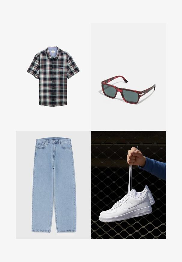 Kurzarm-Hemd im Karomuster in Marineblau, Rot und Grün. Mit Knopfleiste, Brusttasche und auffälligem Kragen.; Weißes Baumwoll-Top mit rundem Ausschnitt und breiten Trägern, kombiniert mit hellbeigen Hosen mit einem Knopf und Falten.; Hellblaue Jeans aus Denim mit geradem Bein, ausgestattet mit einer mittelhohen Taille, fünf Taschen sowie einem Knopf- und Reißverschluss.; Weiße Leder-Sneaker mit Perforationen, runder Zehenpartie, flacher Sohle und dicken Schnürsenkeln, mit sichtbar eingesticktem Swoosh-Logo und "AIR" an der Ferse.; Rote Schildpatt-Sonnenbrille mit quadratischen Rahmen und dunkelgrünen Gläsern. Verfügt über silberne Hardware-Akzente an den Seiten. Strukturiertes Finish.