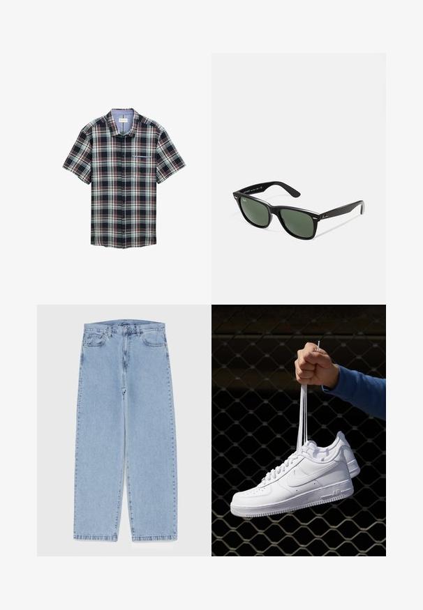 Chemise à manches courtes à carreaux bleu marine, rouge et vert. Elle présente un devant à boutons, une poche poitrine et un motif à carreaux avec un col contrasté.; Débardeur en coton blanc avec un col rond, de larges bretelles et un ourlet droit, présentant une texture lisse et sans motifs visibles.; Jean en denim bleu clair avec une coupe droite, présentant une taille mi-haute, cinq poches, et une fermeture à bouton et à fermeture éclair.; Baskets en cuir blanc avec perforations, à bout rond, semelle plate et lacets épais, arborant un logo swoosh visible et "AIR" sur le talon.; Lunettes de soleil en plastique noir avec verres verts, monture carrée, accent argenté sur le sourcil et branches texturées. Marque indiquée sur l'intérieur de la branche.
