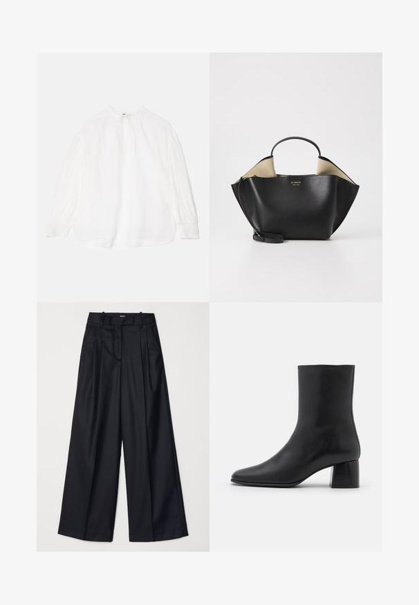 Blouse blanche avec des manches longues et froncées, un col noué et une coupe décontractée. Présente un tissu légèrement texturé et des poignets élastiques.; Pantalons noirs à jambes larges en tissu lisse, dotés d'une taille haute, de plis et d'une coupe ajustée. Quincaillerie noire simple à la taille.; Bottine en cuir noir avec un bout pointu et un talon carré épais. Texture lisse avec un design sans coutures et descoutures minimalistes.; Ree Projects ANN TOTE MINI - Sac à main - black