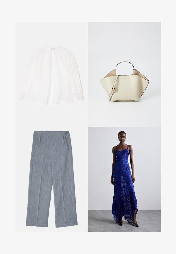 Blouse blanche avec des manches longues et froncées, un col noué et une coupe décontractée. Présente un tissu légèrement texturé et des poignets élastiques.; Pantalons larges gris clair en tissu texturé, avec deux plis avant et deux poches latérales. Design épuré et ajusté.; Robe maxi à imprimé animal bleu et violet avec de fines bretelles, un corsage ajusté, un ourlet évasé et des détails en superposition transparente.; Ree Projects ANN - Sac à main - beige
