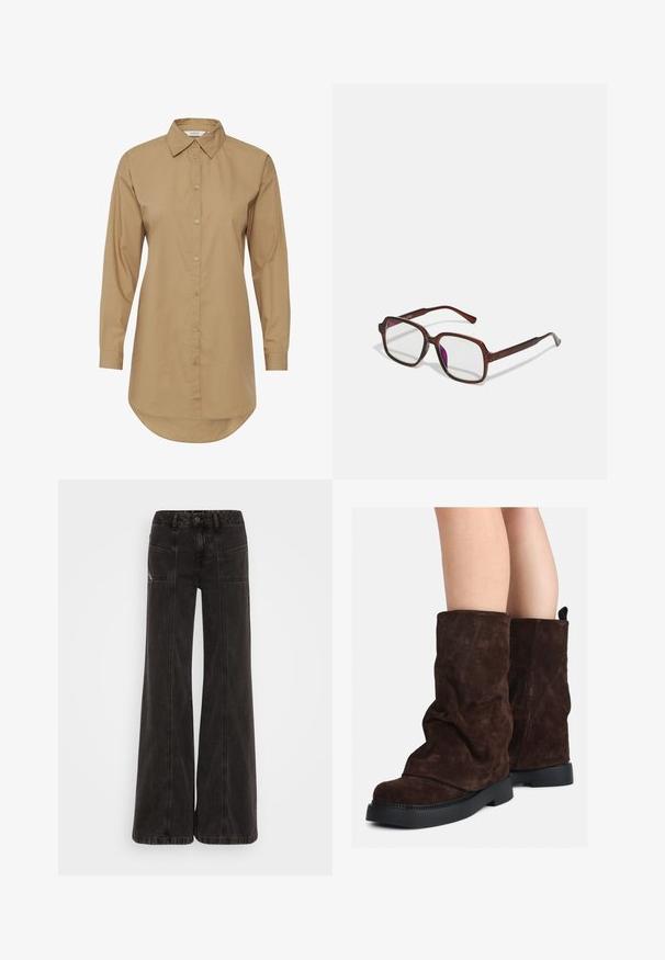 Camisa marrón de manga larga con cuello puntiagudo, cierre de botones en la parte delantera y dobladillo curvado. Hecha de una tela suave, presenta sutiles acentos de botones.; Jeans de pierna ancha negros, elaborados en denim, con una cintura alta, bolsillos frontales y costuras tonales a lo largo de las costuras.; Botas de ante marrón de medio muslo con suelas de goma negras, llevadas sobre piernas desnudas, mostrando un ligero arrugado en los caños de las botas.; Gafas marrones y rectangulares con lentes transparentes y tintes morados. Montura de plástico suave con patillas rectas y detalles sutiles.