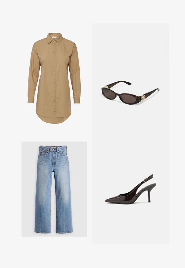 Brown long-sleeve shirt with a pointed collar, button front, and curved hem. Made of smooth fabric, features subtle button accents.; Light blue denim wide-leg jeans with a high waist, faded areas, five pockets, and contrast stitching. Classic button and zipper closure.; Slingback high-heeled shoe in glossy dark brown patent leather, pointed toe, open sides, and adjustable ankle strap.; Tortoiseshell sunglasses with elongated oval lenses, brown tint, gold logo accents on temples, and sleek black arms.