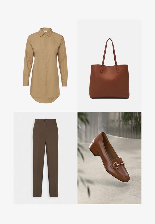 Brown long-sleeve shirt with a pointed collar, button front, and curved hem. Made of smooth fabric, features subtle button accents.; Straight-leg brown trousers with belt loops and a single front button closure, displayed on a white background.; Brown patent leather loafer with square toe, metallic chain accent, and low block heel; smooth texture, minimalist design.; Brown leather tote bag with a smooth texture, open top design, and two shoulder straps. Features minimal stitching and no visible hardware.