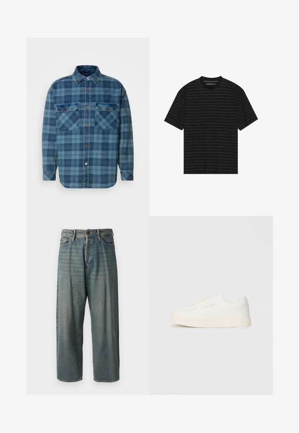 Μπλε φανελένιο πουκάμισο με καρό σχέδιο σε διάφορες αποχρώσεις του μπλε, με κουμπιά μπροστά, γιακά και δύο τσέπες στο στήθος.; Μαύρο κοντομάνικο μπλουζάκι με λεπτές λευκές οριζόντιες ρίγες. Φτιαγμένο από μαλακό ύφασμα, με στρογγυλή λαιμόκοψη και άνετη εφαρμογή.; Ανοιχτό μπλε τζιν παντελόνι με χαλαρή γραμμή, μέση μέσου ύψους και ευθείες γραμμές. Περιλαμβάνει πέντε τσέπες, θηλιές ζώνης και κούμπωμα με κουμπί.; Λευκά slip-on παπούτσια με υφή, παχύ πάτο και μινιμαλιστικό σχέδιο. Φέρει το λογότυπο της μάρκας στο πλάι.
