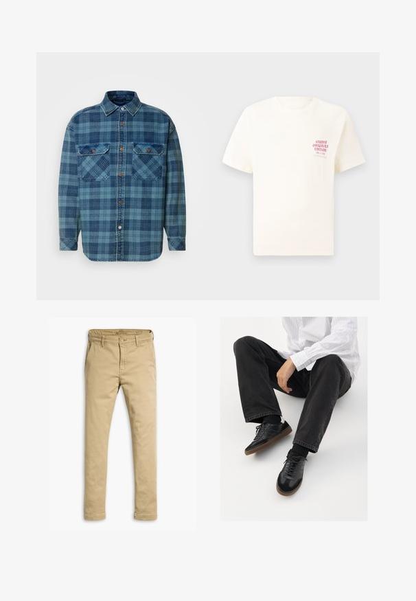 Modrá flanelová košeľa s kostkovaným vzorom v rôznych odtieňoch modrej, s gombíkmi na prednej strane, golierom a dvoma náprsnými vreckami.; Biele tričko s krátkym rukávom s červeným textom "Studio Originals Edition" na ľavej hrudi, zobrazené na neutrálnom šedom pozadí.; Béžové chinos nohavice vyrobené z bavlny, s rovnými nohavicami, prednými a zadnými vreckami, a zapínaním na gombík s pútkami na opasok.; Čierne tenisky s hladkým a textúrovaným zvrškom, s gumovou podrážkou a tmavými šnúrkami. Kombinované s čiernymi džínsami a bielo-prúžkovanou košeľou.