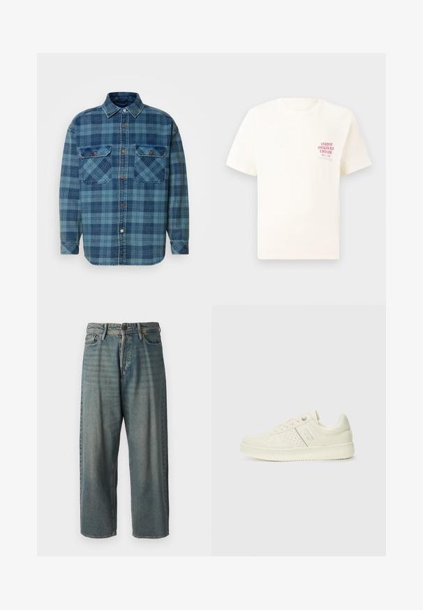 Chemise en flanelle bleue à motif à carreaux dans des nuances variées de bleu, avec un devant boutonné, un col et deux poches poitrine.; T-shirt blanc à manches courtes avec le texte rouge "Édition Originals du Studio" sur la poitrine gauche, présenté sur un fond gris neutre.; Jeans en denim bleu clair avec une coupe ample, taille mi-haute et jambes droites. Comprend cinq poches, des passants de ceinture et une fermeture à bouton.; Sneaker couleur crème avec des détails perforés, des lacets et un logo sur le côté, présenté sur un fond blanc uni.
