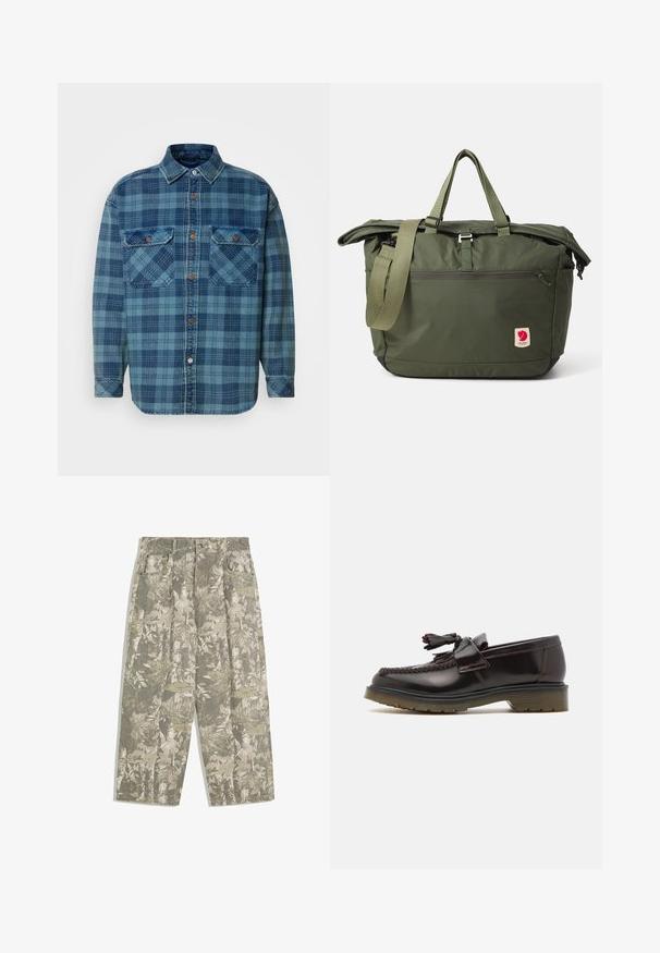 Blaues Flanellhemd mit kariertem Muster in verschiedenen Blautönen, mit durchgehender Knopfleiste, Kragen und zwei Brusttaschen.; Schwarzes Tanktop mit Rundhalsausschnitt und breiten Schulterträgern. Aus weichem Stoff gefertigt, mit glatter Textur und schlichtem Design.; Cargo-Hosen mit weit geschnittenen Beinen in grün-beiger Camouflage mit Blatt- und Rinde-Muster, ausgestattet mit Fronttaschen und Gürtelschlaufen.; Braune Lederloafers mit einem geflochtenen Design, Quasten-Detail und einer flachen Gummisohle. Sie verfügen über eine glatte Oberfläche und kontrastierende Nähte.; Olivgrüne Tragetasche mit doppelten Griffen und einem verstellbaren Schultergurt. Verfügt über ein Hauptfach mit Reißverschluss und eine vordere Reißverschlusstasche.